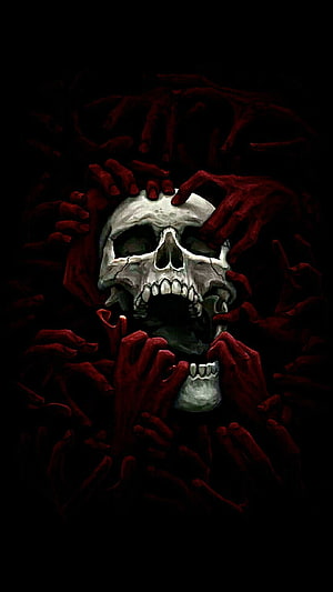 Human Skull Surrounded by Red Hands in Dark Horror Illustration, . Black, Skull, Red, Bone, Darkness, Mouth HD phone wallpaper