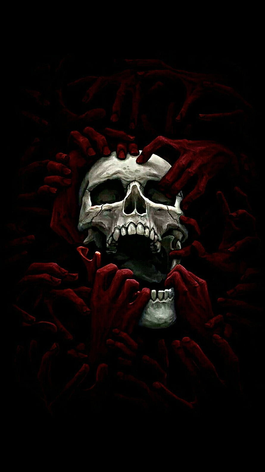 Human Skull Surrounded by Red Hands in Dark Horror Illustration, . Black, Skull, Red, Bone, Darkness, Mouth HD phone wallpaper