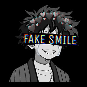 Fake Smile Anime Character with Glitch Text and Floating Hearts on Black Background HD phone wallpaper