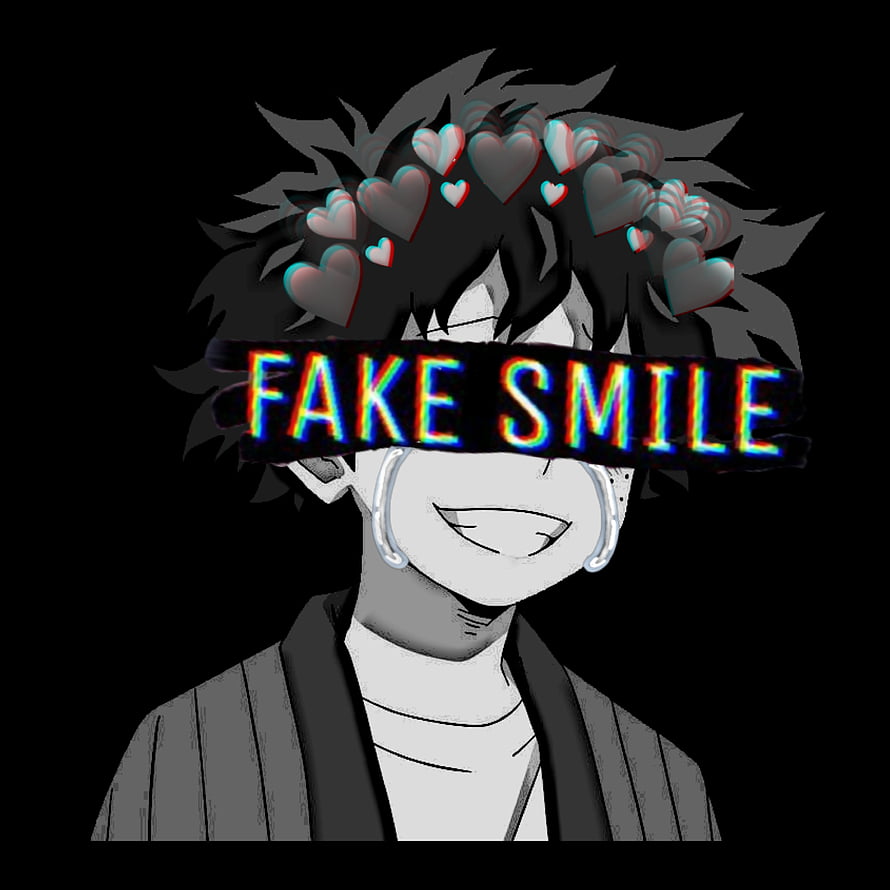 Fake Smile Anime Character with Glitch Text and Floating Hearts on Black Background HD phone wallpaper