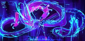 Neon Blue and Pink Dragon Spirit Surrounding a Warrior in Digital Art HD wallpaper