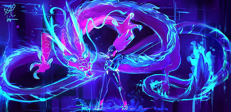 Neon Blue and Pink Dragon Spirit Surrounding a Warrior in Digital Art HD wallpaper