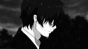 Monochrome Anime Character in Rain with Melancholic Expression HD wallpaper