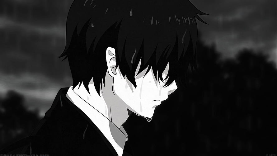 Monochrome Anime Character in Rain with Melancholic Expression HD wallpaper