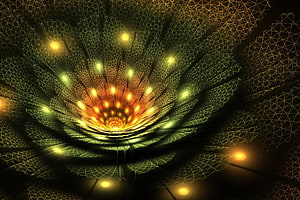 Glowing Fractal Tunnel with Radiant Orange Core and Geometric Wireframe Patterns HD wallpaper