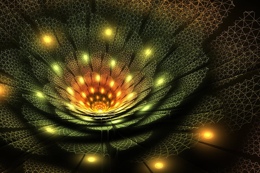 Glowing Fractal Tunnel with Radiant Orange Core and Geometric Wireframe Patterns HD wallpaper