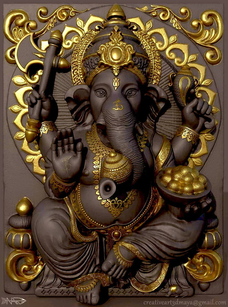 Ganesha 3D Digital Sculpture with Gold Ornamentation and Traditional Indian Motifs HD phone wallpaper