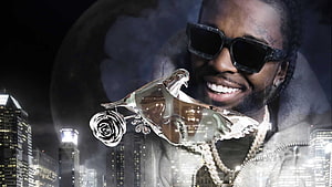 Pop Smoke Portrait with Chrome Rose Pendant and Night City Skyline HD wallpaper