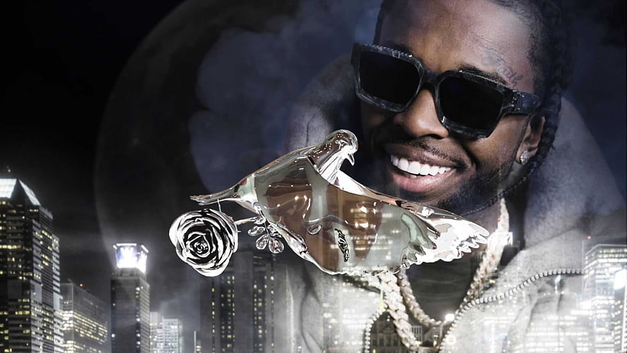 Pop Smoke Portrait with Chrome Rose Pendant and Night City Skyline HD wallpaper