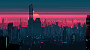 Neon Cyberpunk Cityscape at Sunset with Glitch Art Aesthetic HD wallpaper