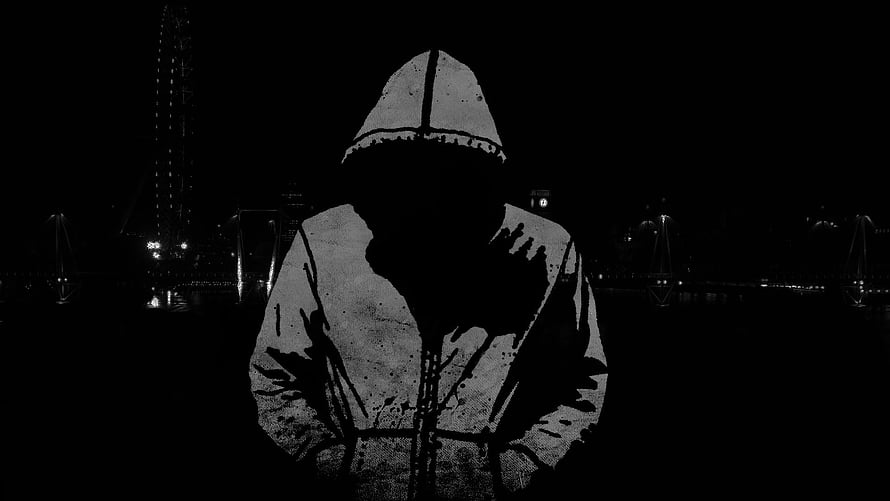 Dark Silhouette of Hooded Figure with Blood Stains Against Night City Skyline HD wallpaper
