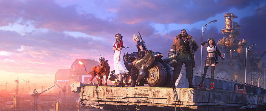 Crossout game characters and vehicles standing on a rooftop at sunset HD wallpaper