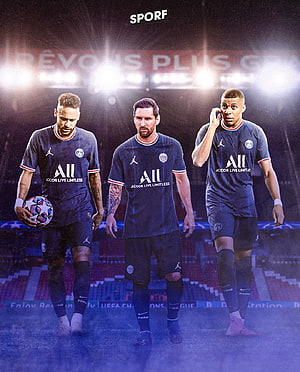 PSG Trio Messi Neymar Mbappe Walking On Pitch In Dark Blue Kits HD phone wallpaper