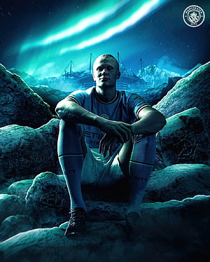 Erling Haaland Manchester City Fantasy Wallpaper with Northern Lights and Stadium, Haaland, erlinghaaland, manchestercity HD phone wallpaper