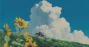 Anime Boy Riding Bicycle Past Sunflowers Under Giant Clouds HD wallpaper