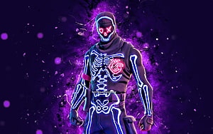 Neon Skeleton Fortnite Character with Glowing Blue Bones and Red Heart HD wallpaper