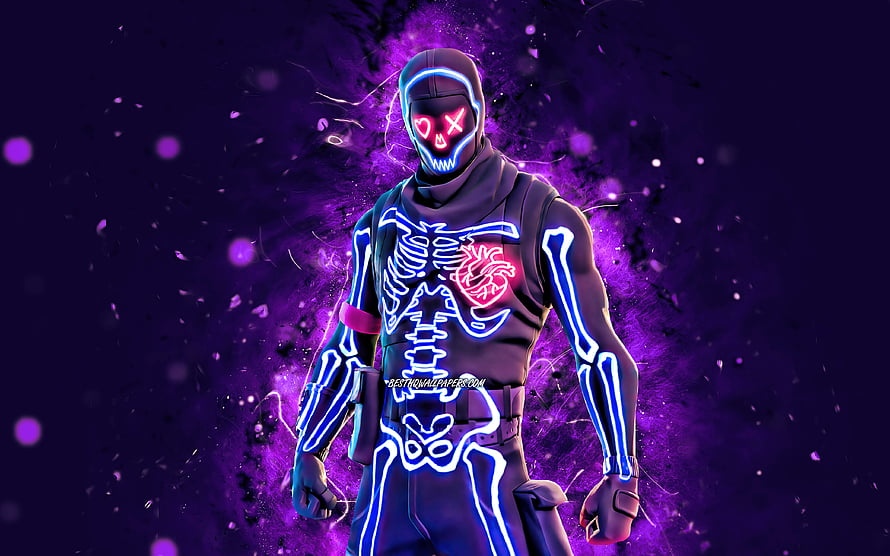 Neon Skeleton Fortnite Character with Glowing Blue Bones and Red Heart HD wallpaper