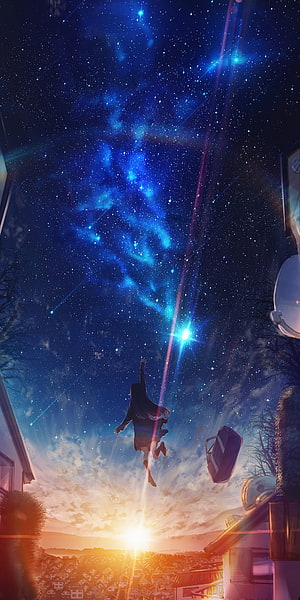 Anime Girl Reaching For Shooting Star In Starry Night Sky Over Town HD phone wallpaper