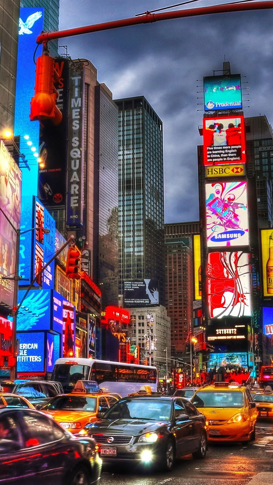 Vibrant Times Square New York City Street Scene with Neon Billboards and Traffic HD phone wallpaper