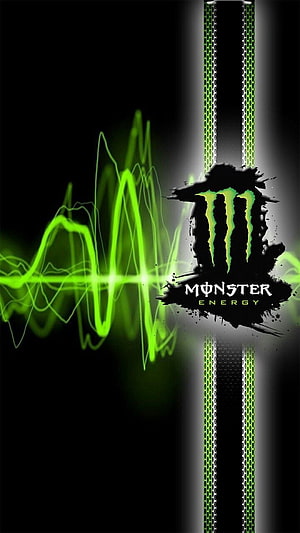 Monster Energy Logo with Neon Green Sound Waves on Black Background HD phone wallpaper