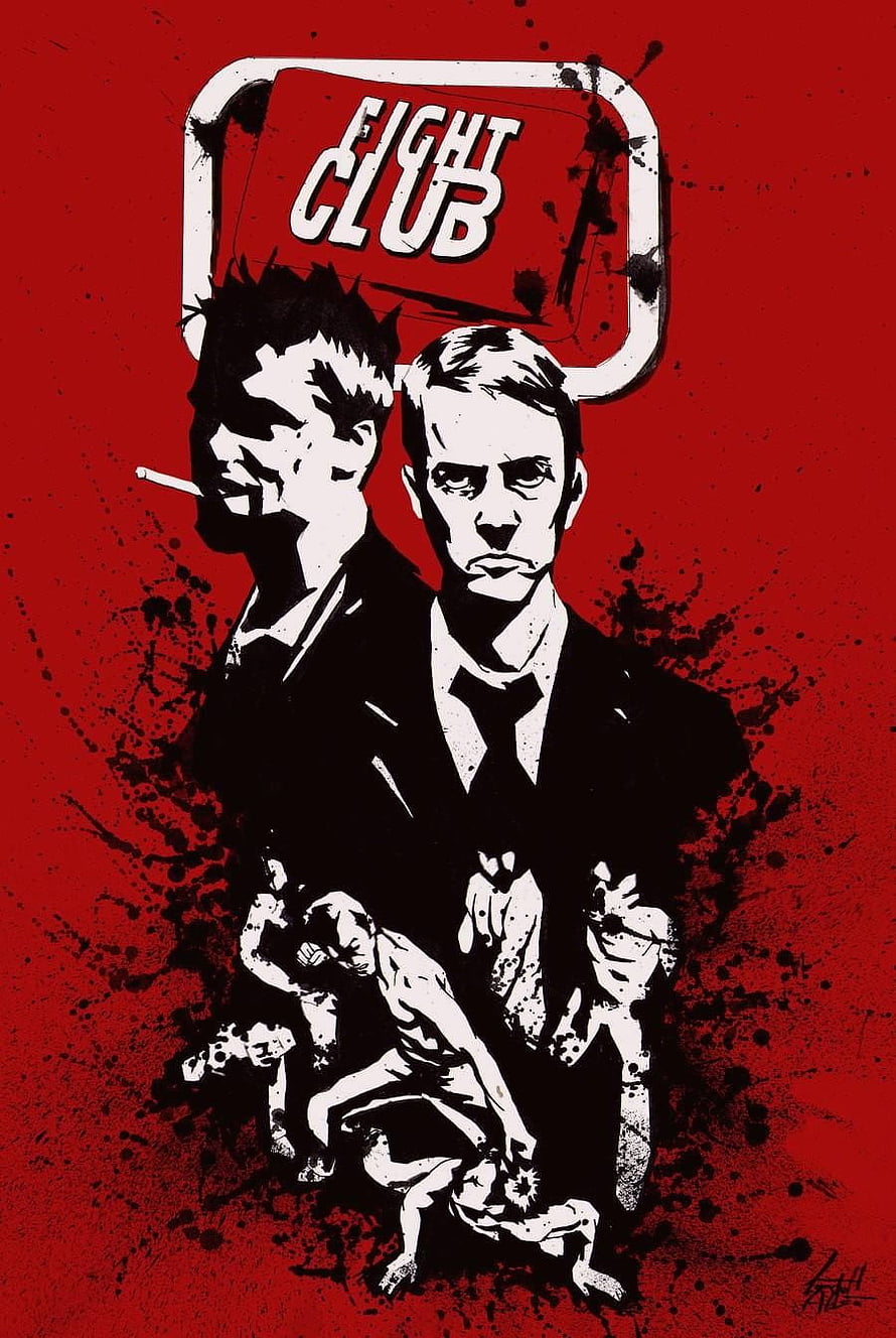 Fight Club Movie Poster Art with Tyler Durden and Narrator in High Contrast Red and Black Style HD phone wallpaper