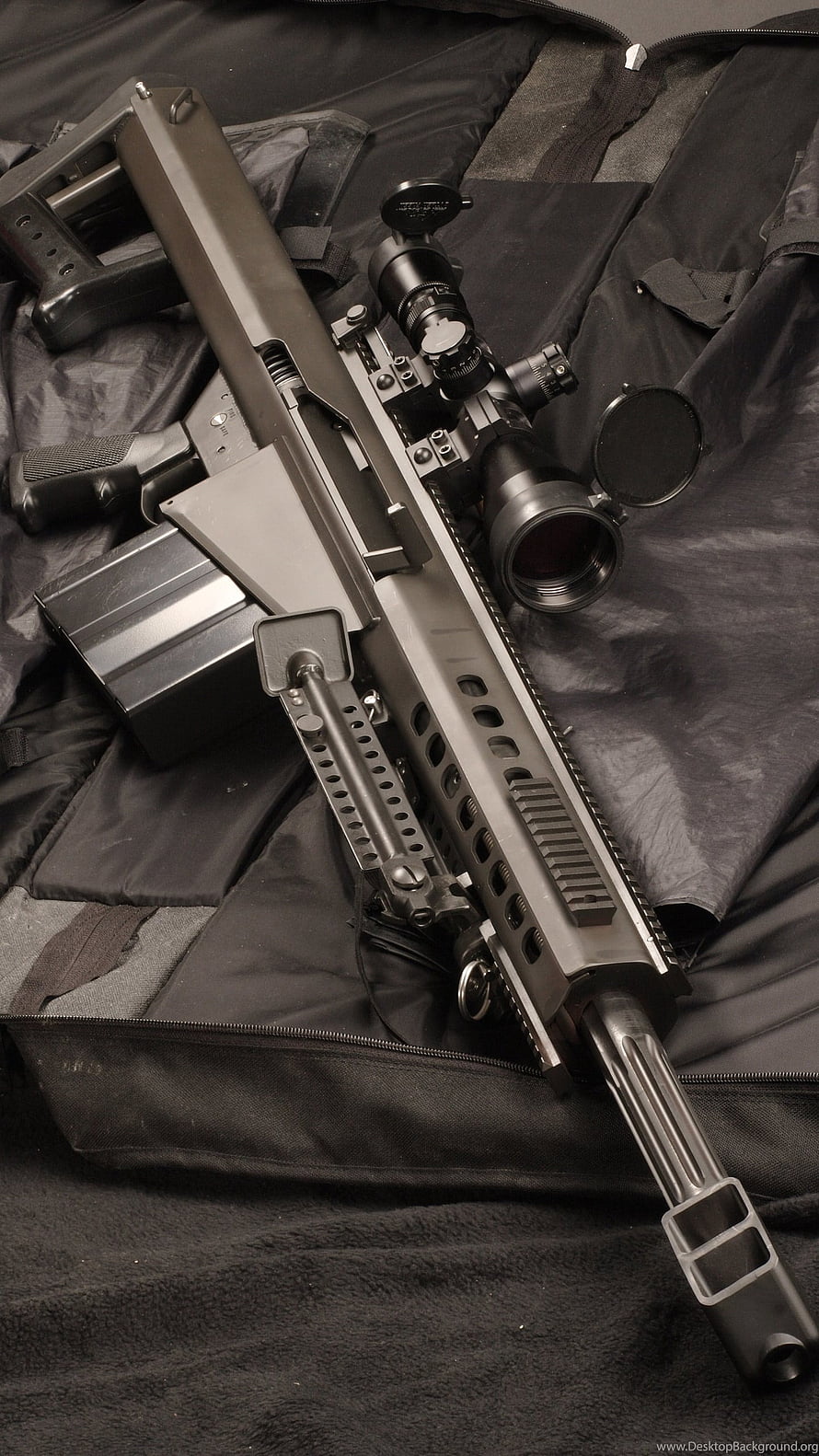 Tactical AR-15 Rifle With Scope And Magazine On Black Gun Case HD phone wallpaper