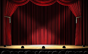 Empty Theatre Stage With Red Velvet Curtains And Audience Silhouettes HD wallpaper