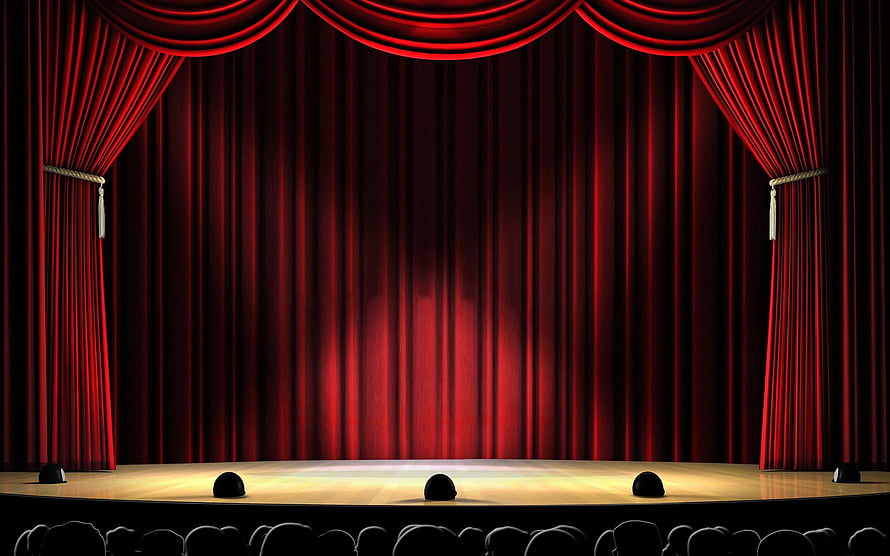 Empty Theatre Stage With Red Velvet Curtains And Audience Silhouettes HD wallpaper
