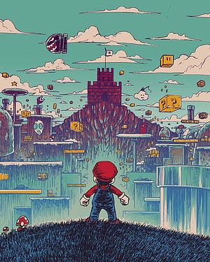 Mario Standing Before a Retro Super Mario World Castle Level Illustration HD phone wallpaper