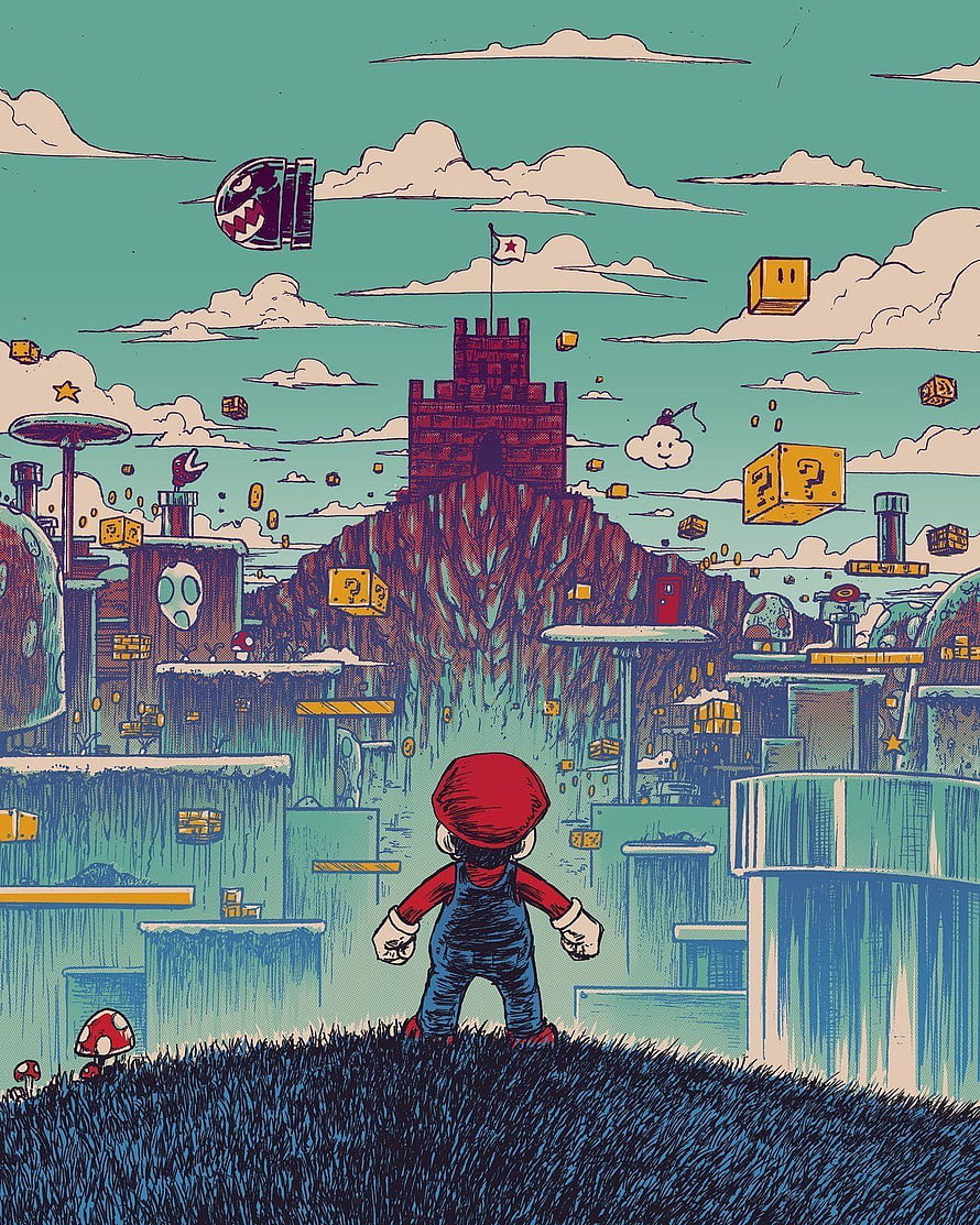Mario Standing Before a Retro Super Mario World Castle Level Illustration HD phone wallpaper