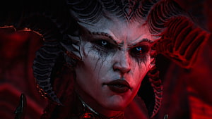 Diablo IV Lilith Portrait with Dark Horns and Red Cinematic Lighting HD wallpaper