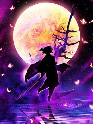 Shinobu Kochou Silhouette from Demon Slayer Under a Glowing Full Moon HD phone wallpaper
