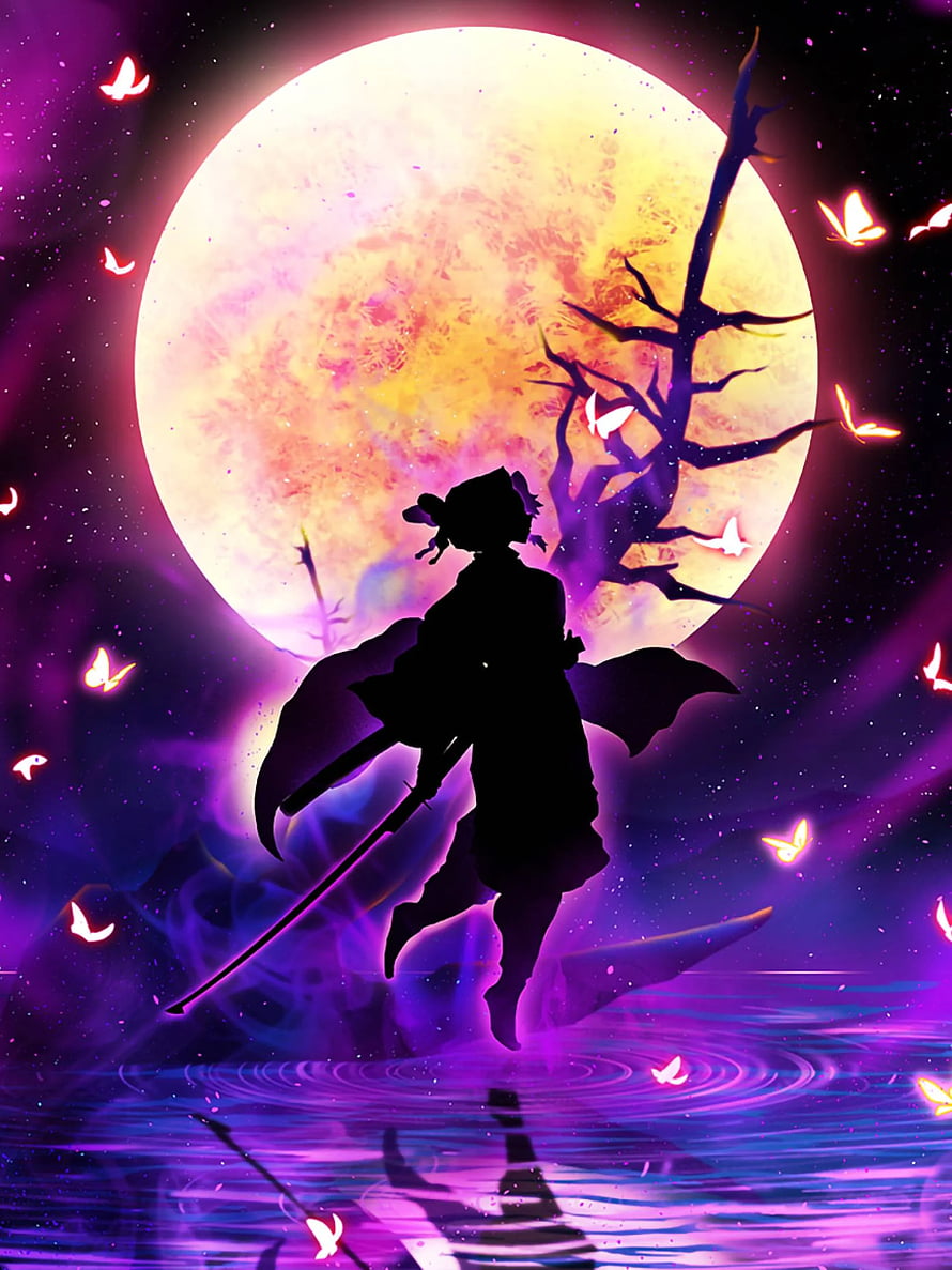 Shinobu Kochou Silhouette from Demon Slayer Under a Glowing Full Moon HD phone wallpaper