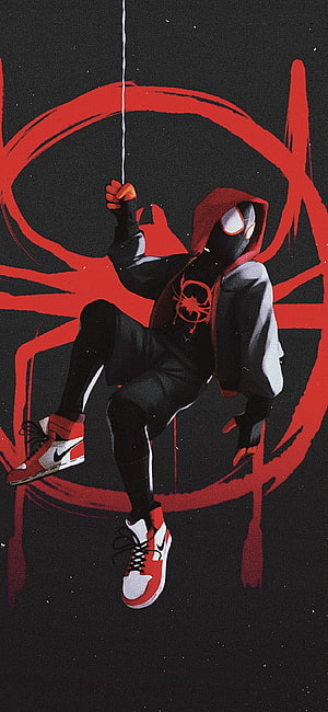 Miles Morales Spider-Man Hanging on Web with Red Spider Symbol Background, Spider Man No Way Home, spiderman, marvel, spidermannowayhome HD phone wallpaper