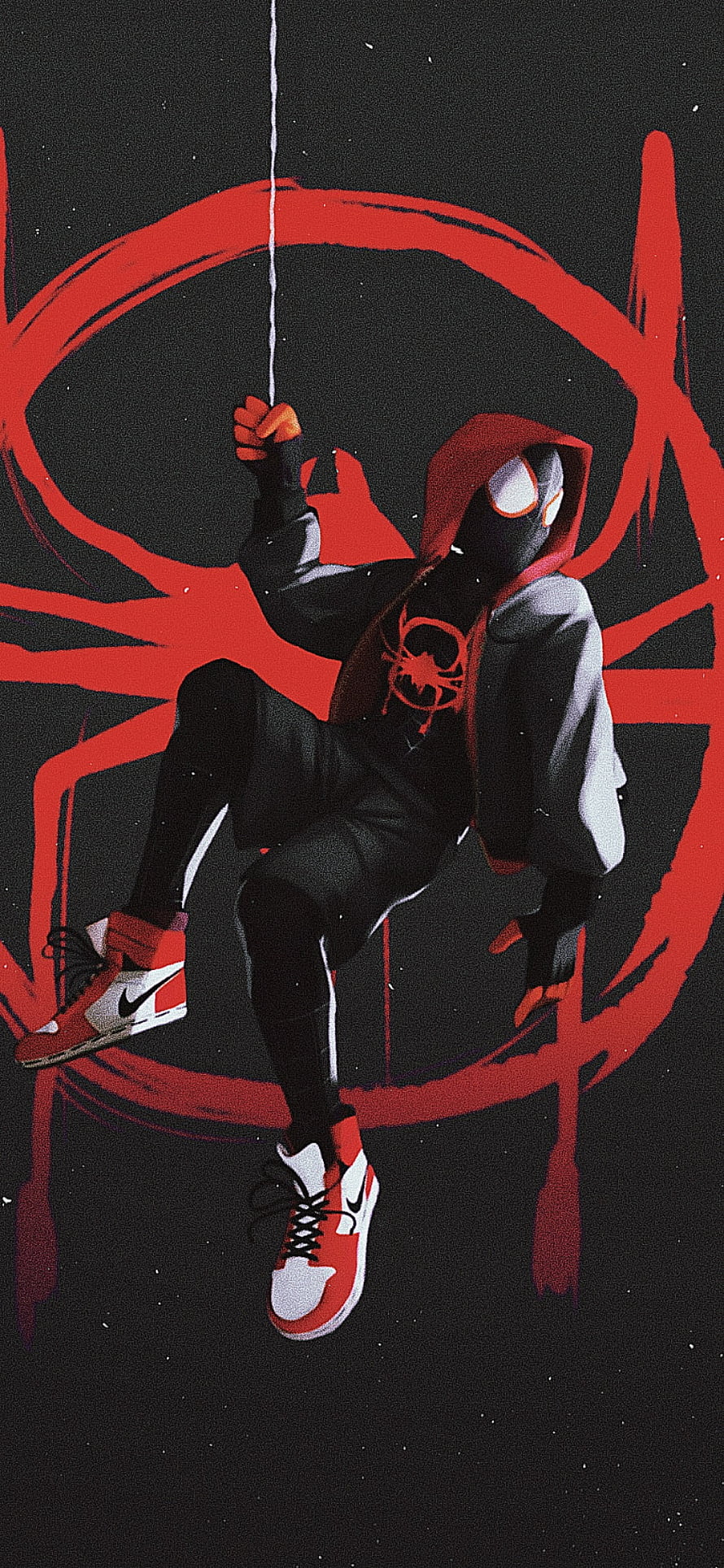 Miles Morales Spider-Man Hanging on Web with Red Spider Symbol Background, Spider Man No Way Home, spiderman, marvel, spidermannowayhome HD phone wallpaper