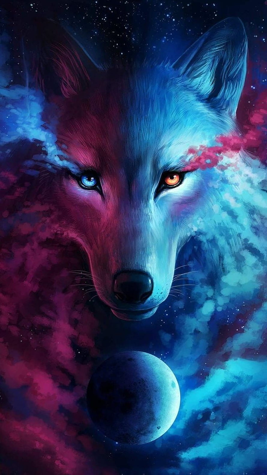 Mystical Wolf With Heterochromia Eyes In A Cosmic Nebula Background HD phone wallpaper