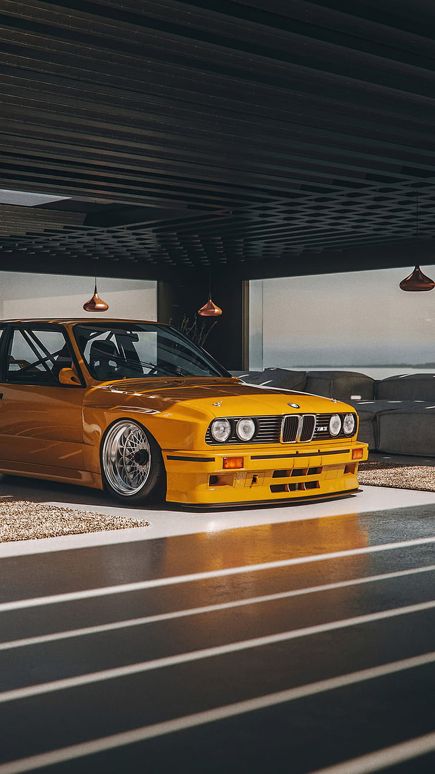 Yellow BMW E30 M3 Widebody JDM Style Car in Modern Interior HD phone wallpaper