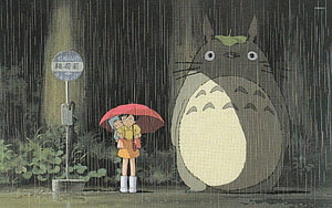 My Neighbor Totoro Anime Wallpaper - Satsuki and Mei Waiting for the Bus in the Rain HD wallpaper