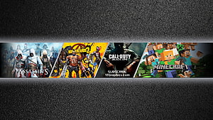 Gaming collage wallpaper featuring Assassin's Creed, Borderlands 2, Call of Duty Black Ops, and Minecraft characters on a dark textured background HD wallpaper