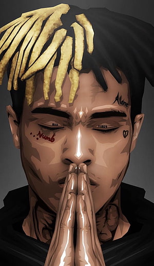 XXXTentacion Digital Portrait With Facial Tattoos And Praying Hands HD phone wallpaper