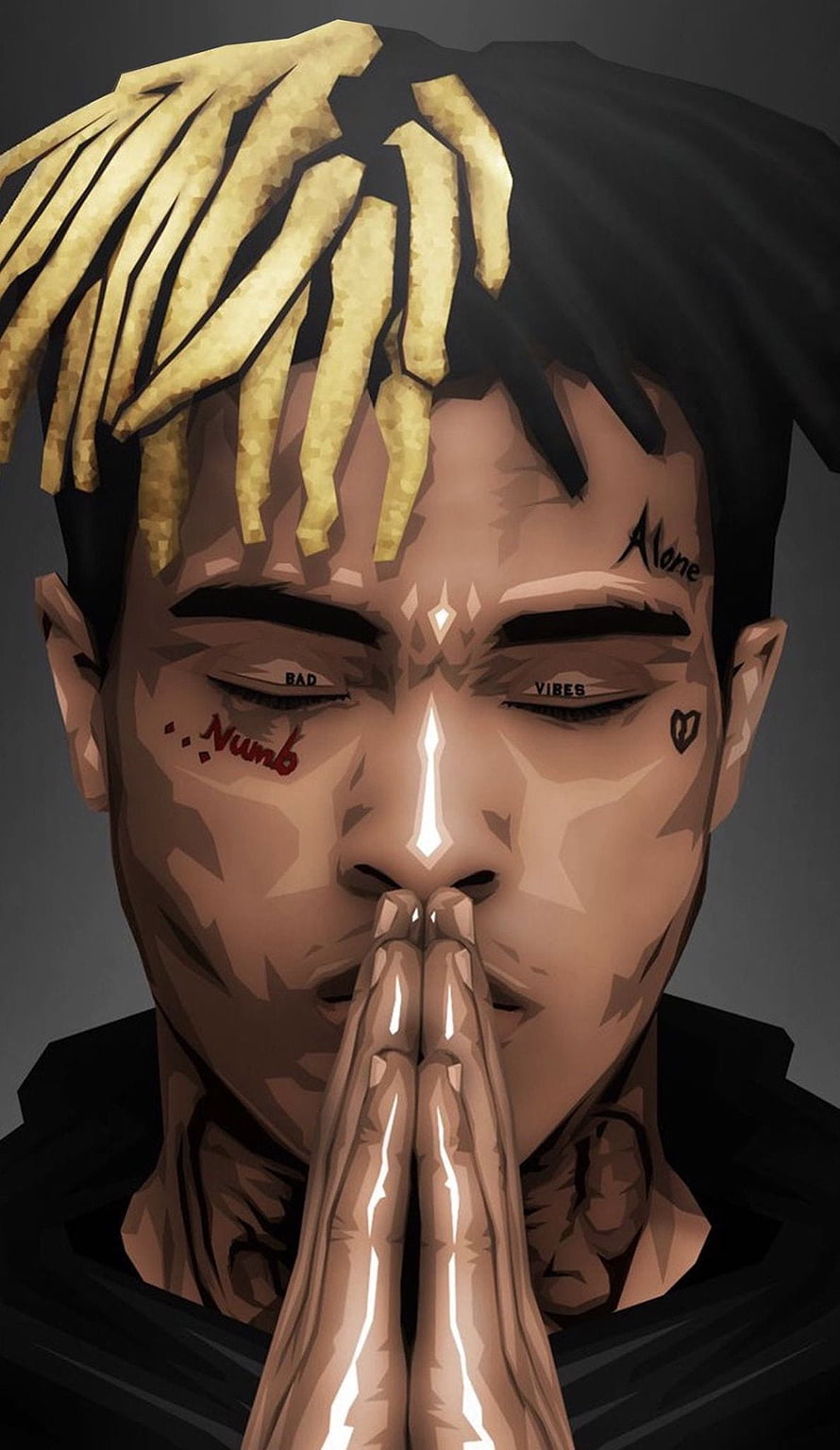 XXXTentacion Digital Portrait With Facial Tattoos And Praying Hands HD phone wallpaper
