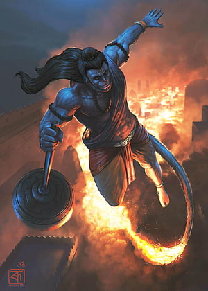Hanuman in Flight Wielding Mace Over Burning City, Hanuman Flying HD phone wallpaper