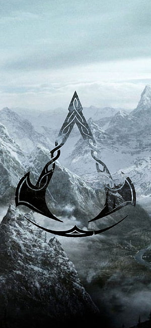 Assassin's Creed Valhalla Nordic Emblem Over Snowy Mountain Peaks HD phone wallpaper