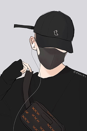 Anime Boy in Black Cap and Face Mask with Crossbody Bag and Earphones HD phone wallpaper