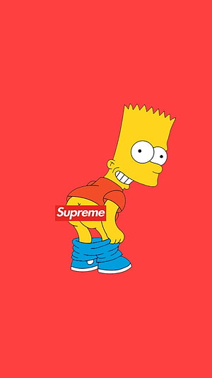 Bart Simpson in Supreme Box Logo Tee with Baggy Blue Jeans on Red Background HD phone wallpaper