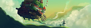 Howl's Moving Castle Flying Over Green Hills in Studio Ghibli Animated Fantasy Art HD wallpaper