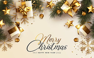 Elegant Gold and White Christmas Greeting Card with Pine Branches and Gift Boxes HD wallpaper