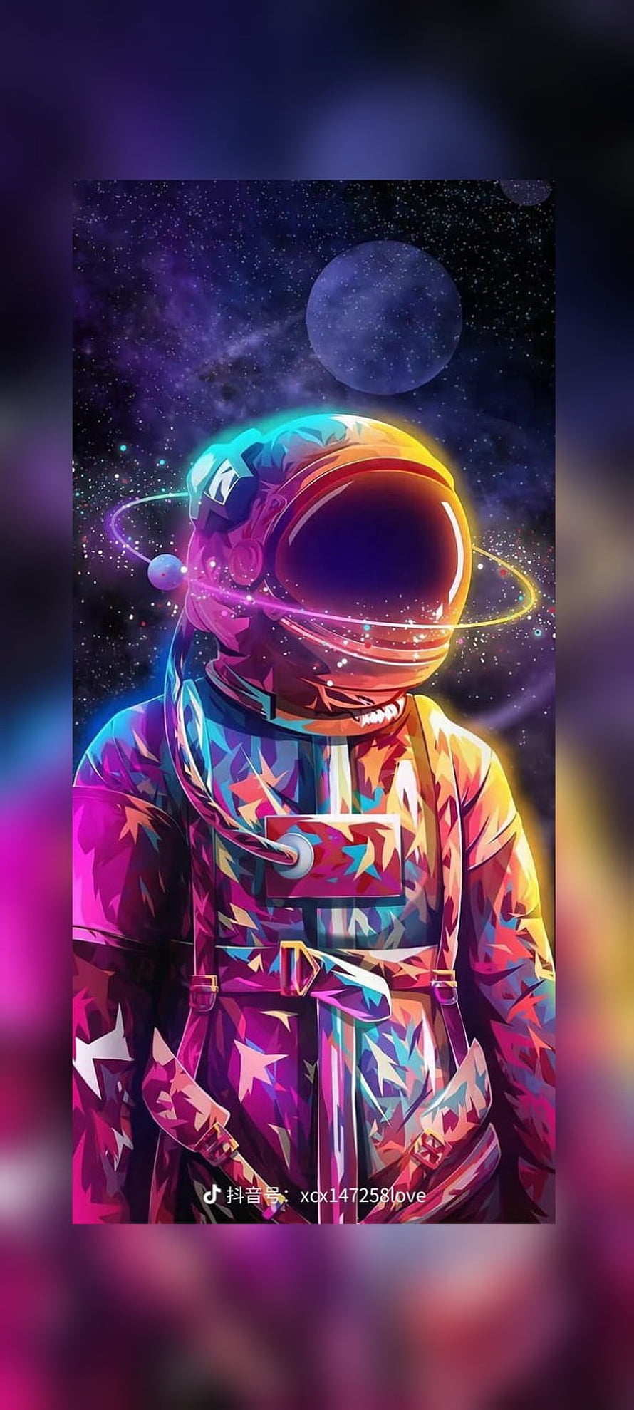 Vibrant Geometric Astronaut in Neon Space with Starry Nebula and Planet HD phone wallpaper