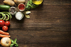 Fresh Vegetables and Spices on Dark Wooden Background HD wallpaper