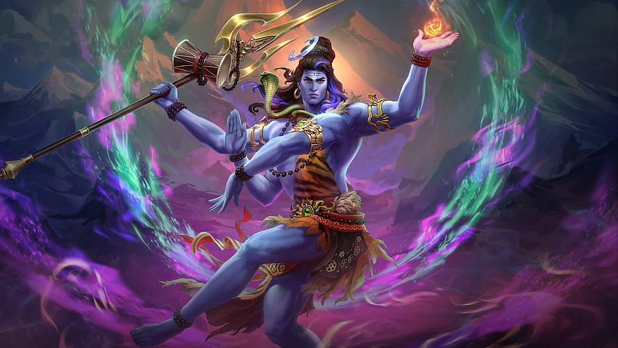 Blue Skinned Hindu Deity Shiva Holding Trishul and Fire in Mystical Pose HD wallpaper